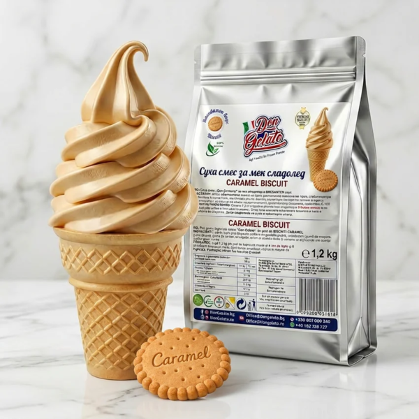 Суха смес за сладолед карамелена бисквитка премиум Don Gelato с мек сладолед във вафлена фунийка