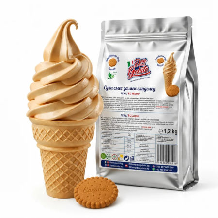 Суха смес за сладолед карамелена бисквитка премиум Don Gelato с мек сладолед във фунийка